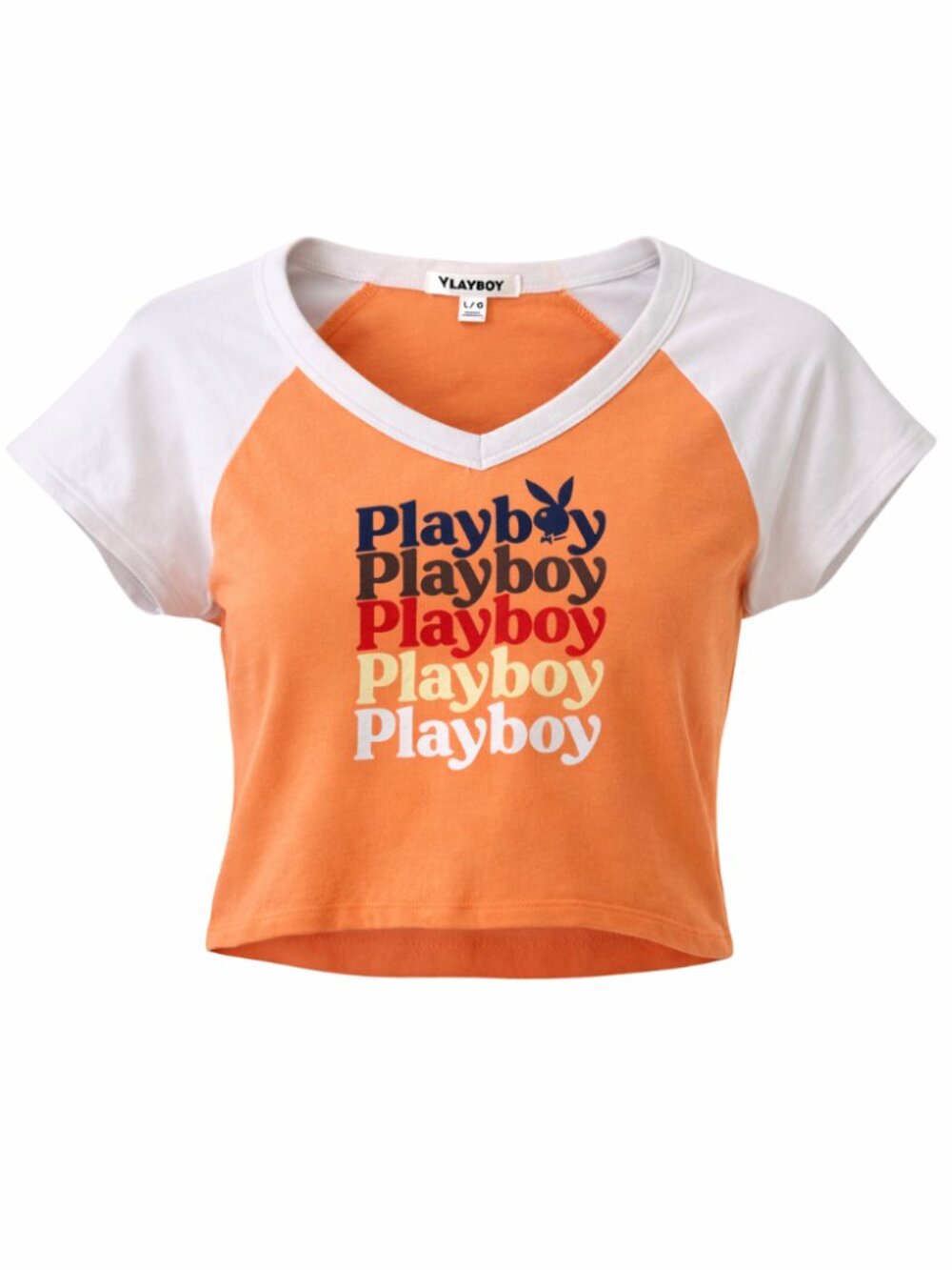 🪩2/20 NWOT Playboy Peach White Graphic Raglan Baby Tee Crop Top L